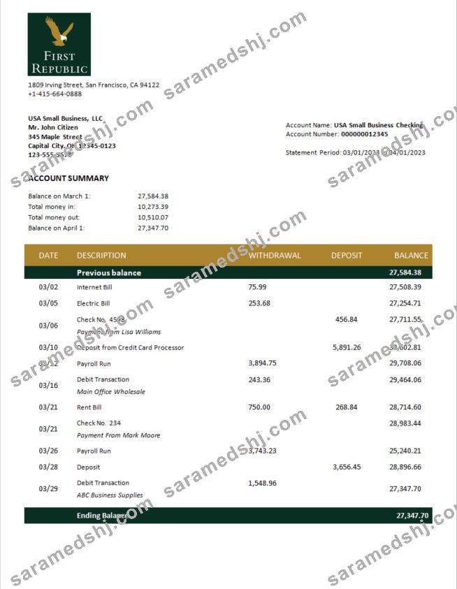 First Republic Bank enterprise statement Word and PDF template